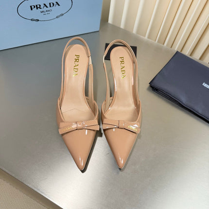 PRADA 26S POINTED-TOE SLINGBACK PUMPS IN BEIGE PATENT CALFSKIN WITH BOW