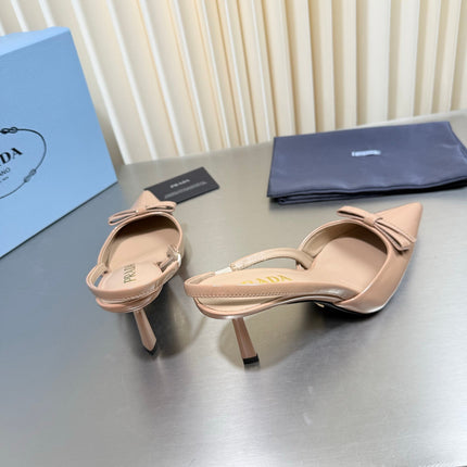 PRADA 26S POINTED-TOE SLINGBACK PUMPS IN BEIGE PATENT CALFSKIN WITH BOW