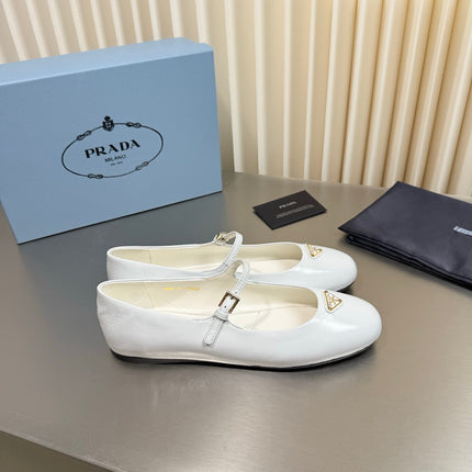 PRADA 26S MARY JANE FLATS IN WHITE CALFSKIN