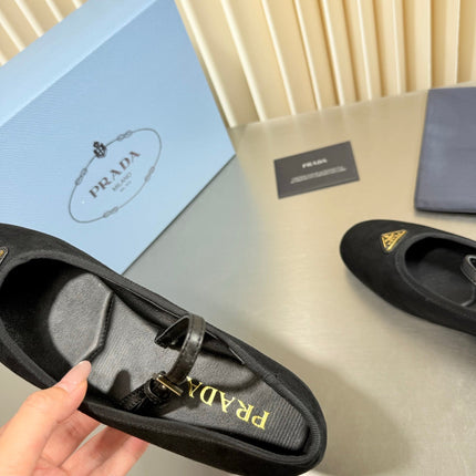PRADA 26S MARY JANE FLATS IN BLACK SUEDE