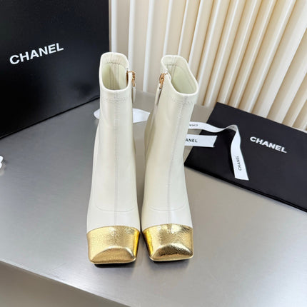 CHANEL 26S ZIPPER BOOTS 75 MM IN WHITE CALFSKIN AND GOLD PATENT LEATHER SQUARE TOE HIGH