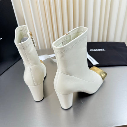 CHANEL 26S ZIPPER BOOTS 75 MM IN WHITE CALFSKIN AND GOLD PATENT LEATHER SQUARE TOE HIGH
