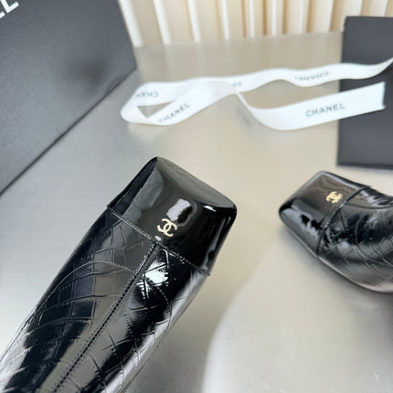 CHANEL 26S ZIPPER BOOTS 75 MM IN BLACK PATENT LEATHER CROCODILE EMBOSSED AND CALFSKIN