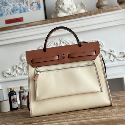 ZIP CABINE 31 BAG IN WHITE CREAM CANVAS AND BRONZE BROWN CALFSKIN