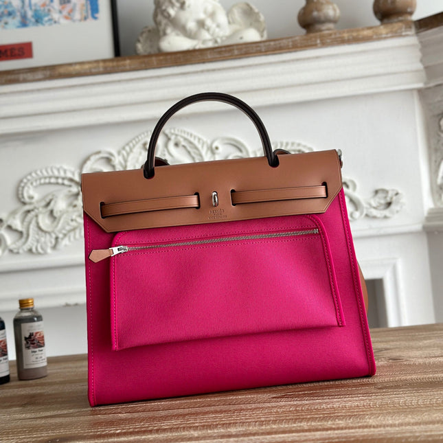 ZIP CABINE 31 BAG IN FUCHSIA PINK CANVAS AND BRONZE BROWN CALFSKIN