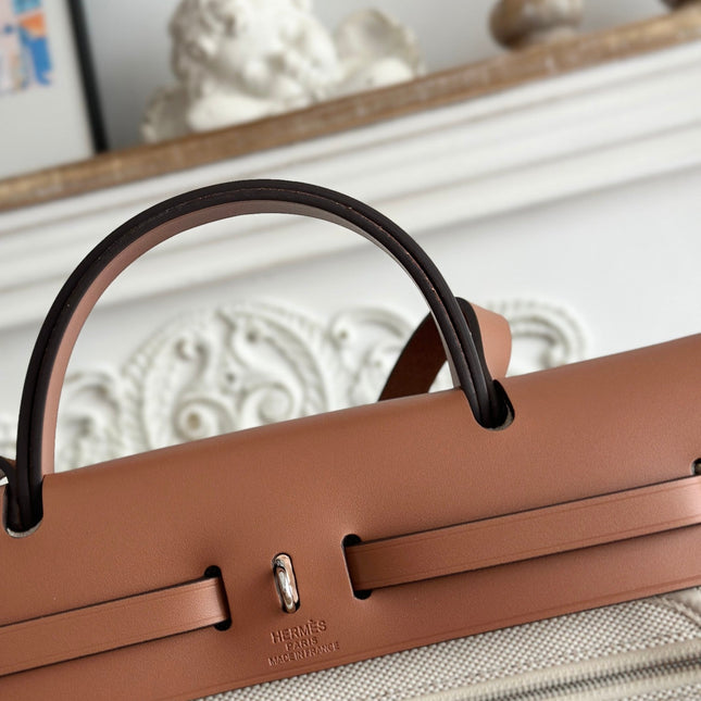 ZIP CABINE 31 BAG IN PALE GRAY CANVAS AND BRONZE BROWN CALFSKIN