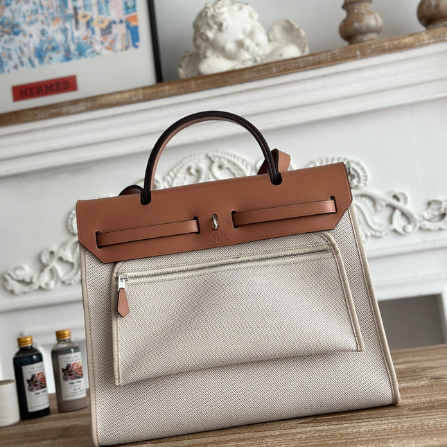 ZIP CABINE 31 BAG IN PALE GRAY CANVAS AND BRONZE BROWN CALFSKIN