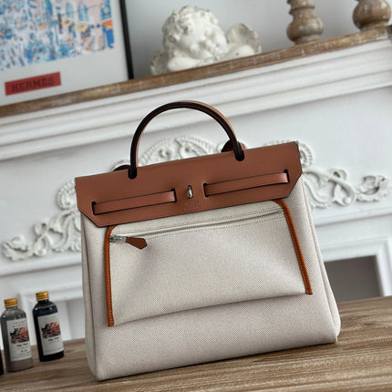 HERBAG ZIP 31 LAQUERED BAG IN OFF-WHITE MIX BROWN H PLUME CANVAS AND BROWN COWHIDE