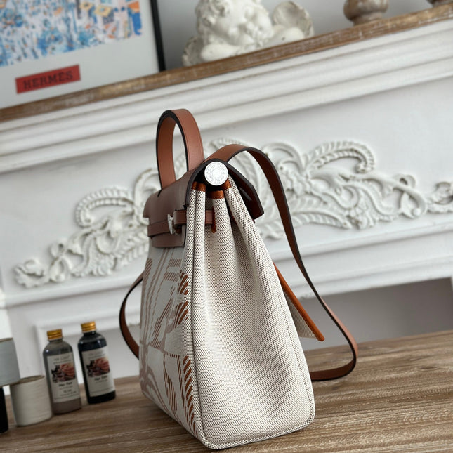 BOLSO HERBAG ZIP 31 RETOURNE BAG IN OFF-WHITE MIX BROWN H VIKING CANVAS AND COWHIDE