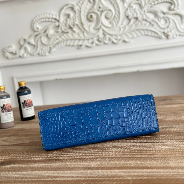 HM 26S KELLY MINI 22CM IN DARK BLUE CROC EMBOSSED CALFSKIN SILVER KELLY BUCKLE