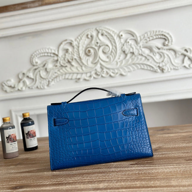 HM 26S KELLY MINI 22MM IN DARK BLUE CROC EMBOSSED CALFSKIN SILVER KELLY BUCKLE