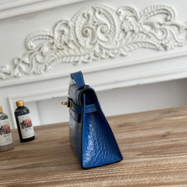 HM 26S KELLY MINI 22MM IN DARK BLUE CROC EMBOSSED CALFSKIN GOLD KELLY BUCKLE