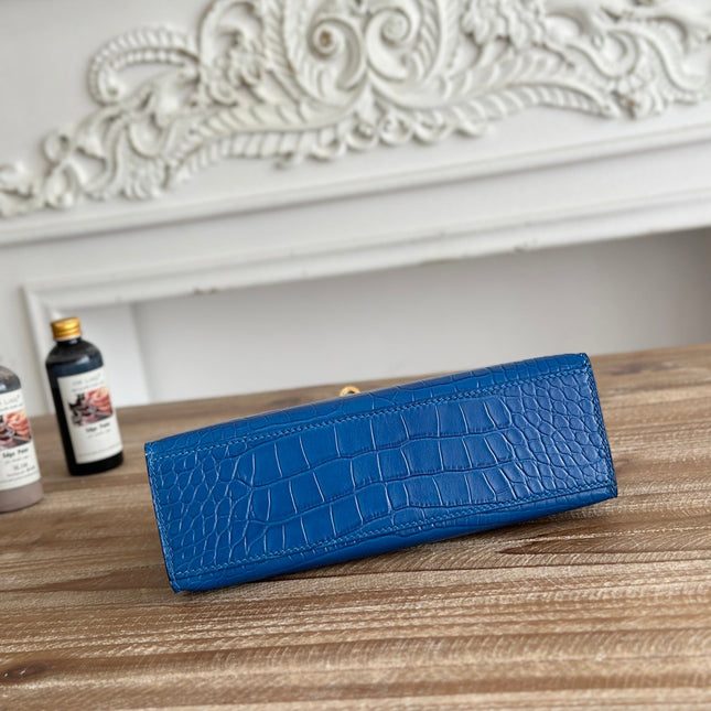 HM 26S KELLY MINI 22MM IN DARK BLUE CROC EMBOSSED CALFSKIN GOLD KELLY BUCKLE