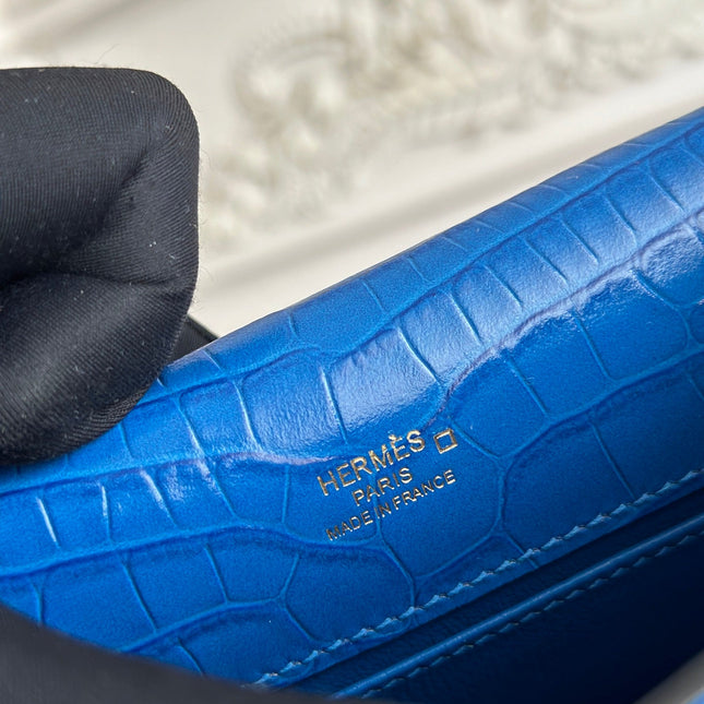 HM 26S KELLY MINI 22MM IN DARK BLUE CROC EMBOSSED CALFSKIN GOLD KELLY BUCKLE