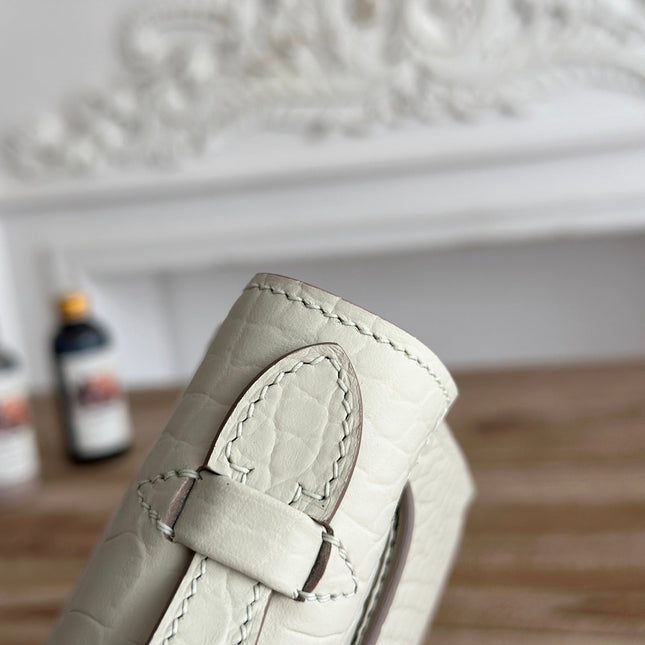 HM 26S KELLY MINI 22CM IN MILKY WHITE CROC EMBOSSED CALFSKIN SILVER KELLY BUCKLE