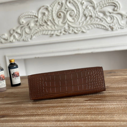 HM 25S KELLY MINI 22 CM IN BROWN LAMBSKIN WITH CROCODILE EMBOSSING AND SILVER HARDWARE