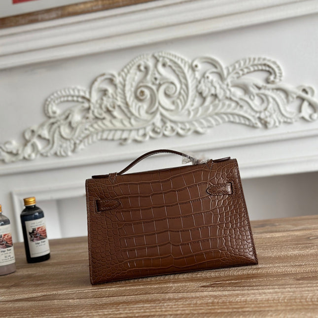 HM 26S KELLY MINI 22MM IN DARK BROWN CROC EMBOSSED CALFSKIN SILVER KELLY BUCKLE