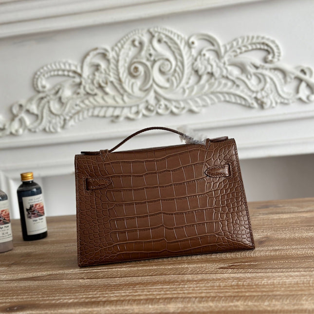 HM 26S KELLY MINI 22MM IN DARK BROWN CROC EMBOSSED CALFSKIN GOLD KELLY BUCKLE