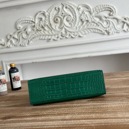 HM 25S KELLY MINI 22 CM IN DARK GREEN LAMBSKIN WITH CROCODILE EMBOSSING AND GOLD HARDWARE