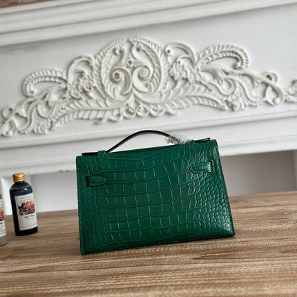HM 25S KELLY MINI 22 CM IN DARK GREEN LAMBSKIN WITH CROCODILE EMBOSSING AND GOLD HARDWARE