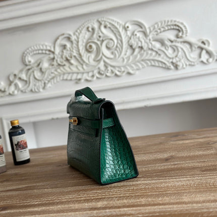 HM 25S KELLY MINI 22 CM IN DARK GREEN LAMBSKIN WITH CROCODILE EMBOSSING AND GOLD HARDWARE