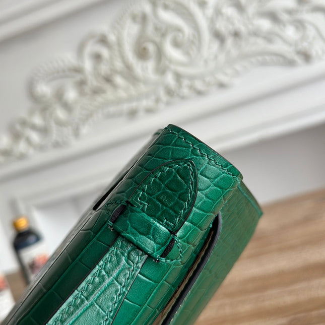HM 26S KELLY MINI 22CM IN DARK GREEN CROC EMBOSSED CALFSKIN SILVER KELLY BUCKLE