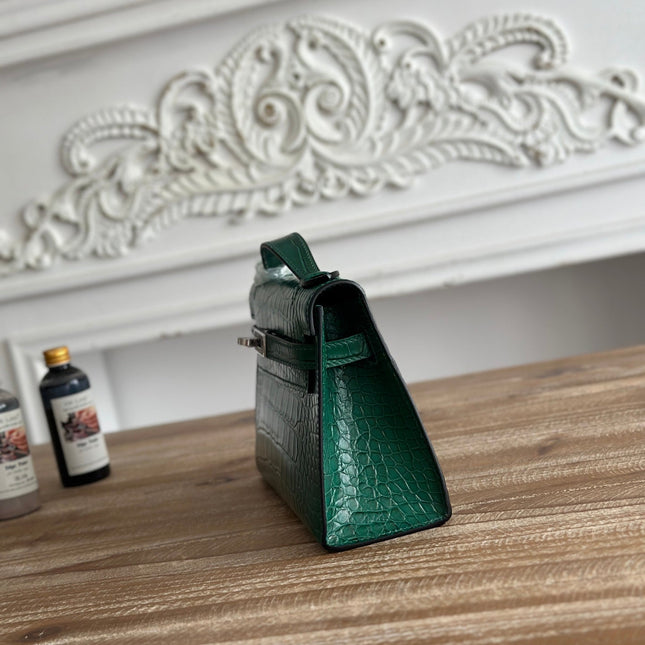 HM 26S KELLY MINI 22CM IN DARK GREEN CROC EMBOSSED CALFSKIN SILVER KELLY BUCKLE