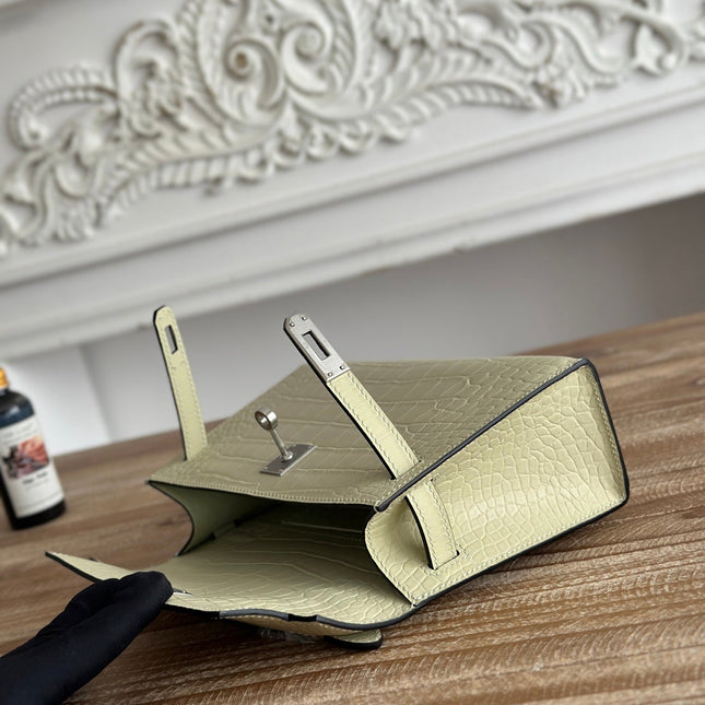 HM 26S KELLY MINI 22CM IN BEIGE CROC EMBOSSED CALFSKIN SILVER KELLY BUCKLE