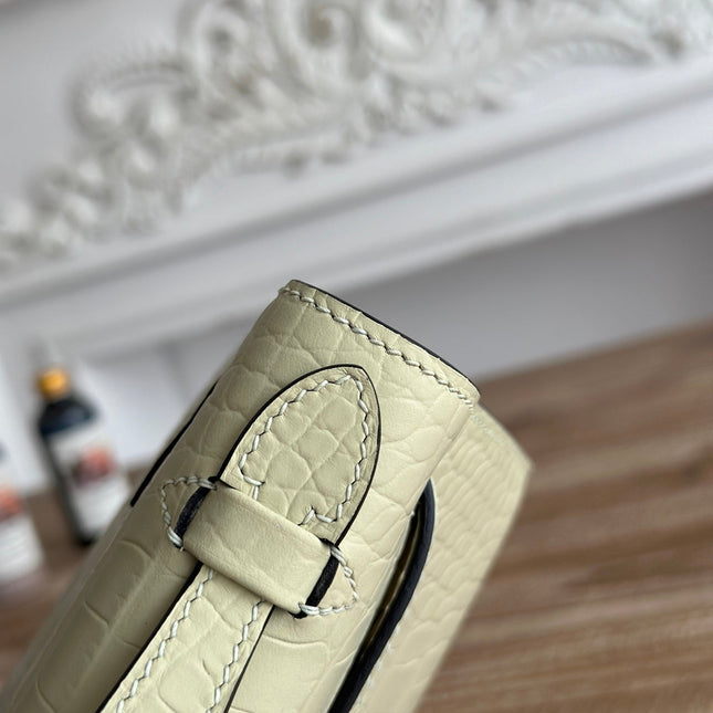 HM 26S KELLY MINI 22CM IN BEIGE CROC EMBOSSED CALFSKIN SILVER KELLY BUCKLE
