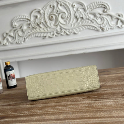 HM 25S KELLY MINI 22 CM IN LIGHT KHAKI LAMBSKIN WITH CROCODILE EMBOSSING AND SILVER HARDWARE
