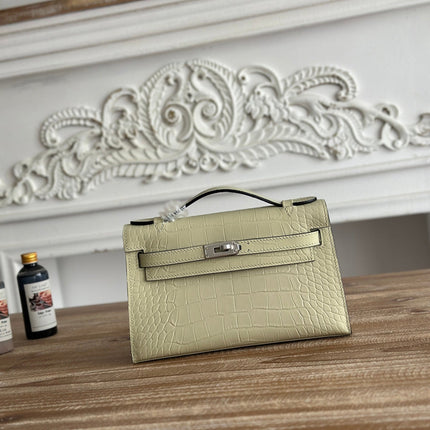 HM 25S KELLY MINI 22 CM IN LIGHT KHAKI LAMBSKIN WITH CROCODILE EMBOSSING AND SILVER HARDWARE