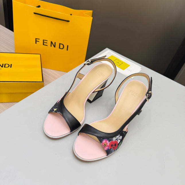 FENDI 26S SLINGBACK SANDALS IN BLACK CALFSKIN AND CANVAS
