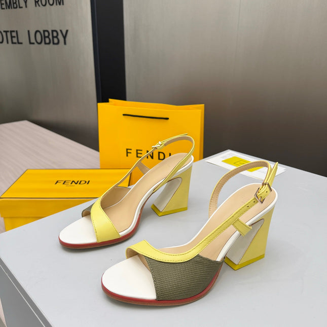FENDI 26S SLINGBACK SANDALS IN YELLOW CALFSKIN AND GREEN CANVAS