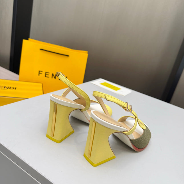 FENDI 26S SLINGBACK SANDALS IN YELLOW CALFSKIN AND GREEN CANVAS