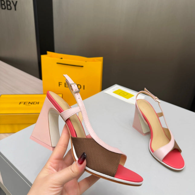 FENDI 26S SLINGBACK SANDALS IN LIGHT PINK CALFSKIN AND BROWN CANVAS