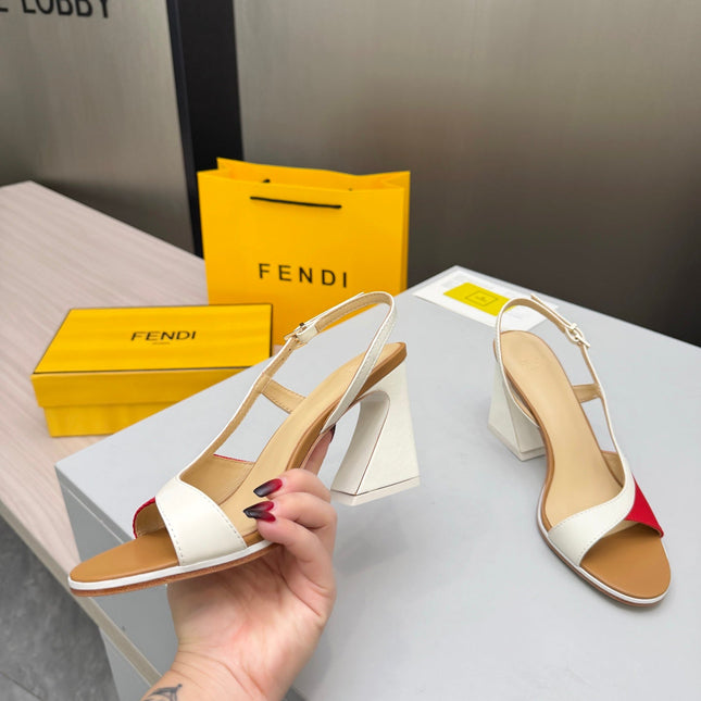 FENDI 26S SLINGBACK SANDALS IN WHITE CALFSKIN AND RED CANVAS