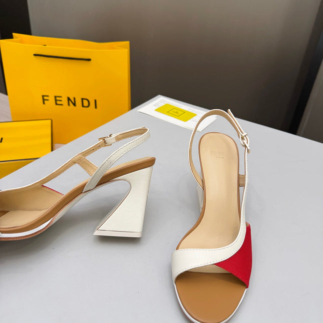 FENDI 26S SLINGBACK SANDALS IN WHITE CALFSKIN AND RED CANVAS
