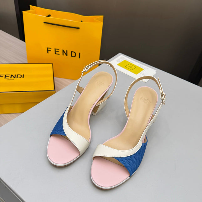 FENDI 26S SLINGBACK SANDALS IN WHITE CALFSKIN AND BLUE CANVAS