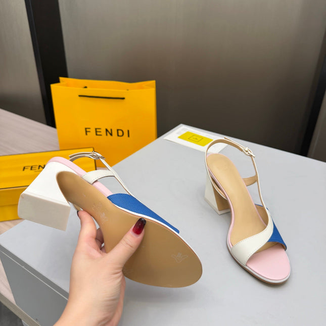 FENDI 26S SLINGBACK SANDALS IN WHITE CALFSKIN AND BLUE CANVAS