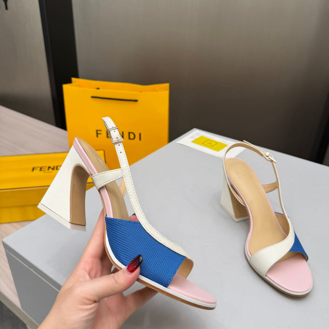 FENDI 26S SLINGBACK SANDALS IN WHITE CALFSKIN AND BLUE CANVAS