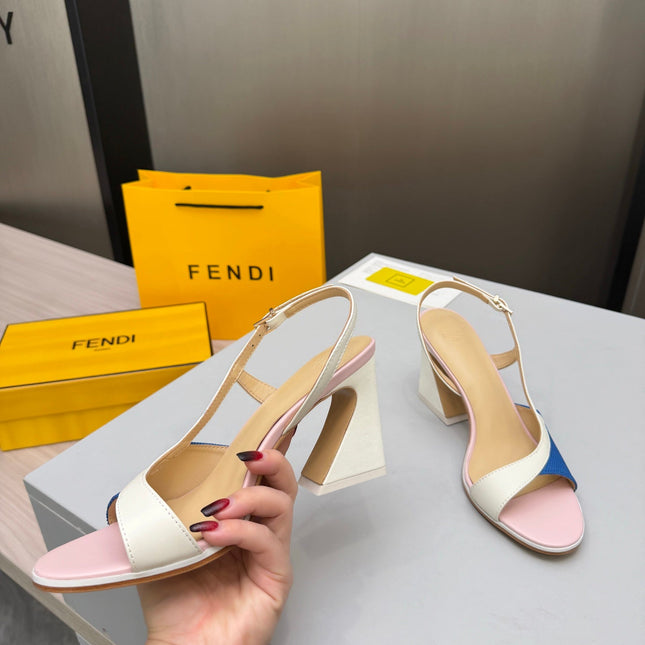 FENDI 26S SLINGBACK SANDALS IN WHITE CALFSKIN AND BLUE CANVAS