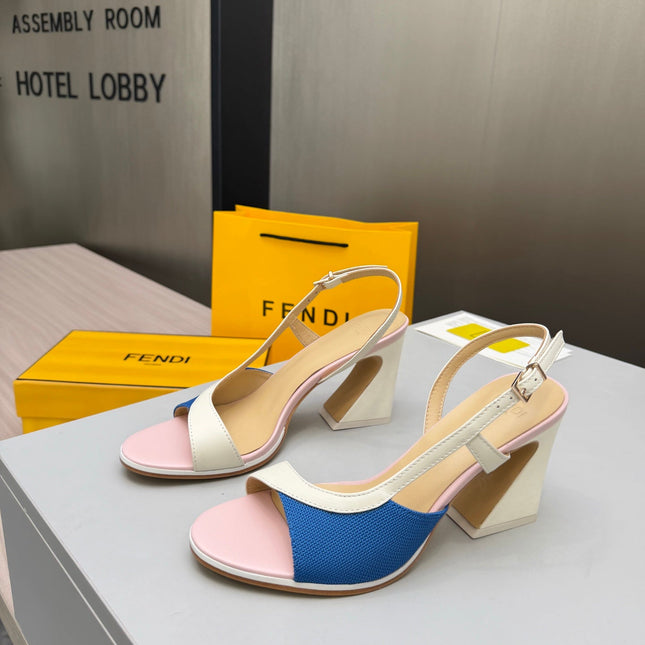 FENDI 26S SLINGBACK SANDALS IN WHITE CALFSKIN AND BLUE CANVAS