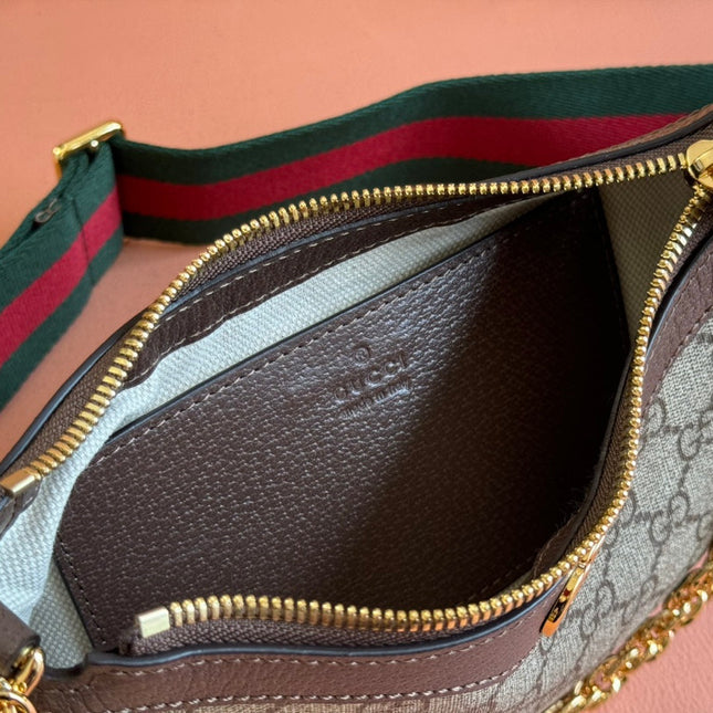 OPHIDIA SMALL SHOULDER BAG 25 IN BEIGE EBONY CANVAS AND DARK BROWN LAMBSKIN GOLD HARDWARE