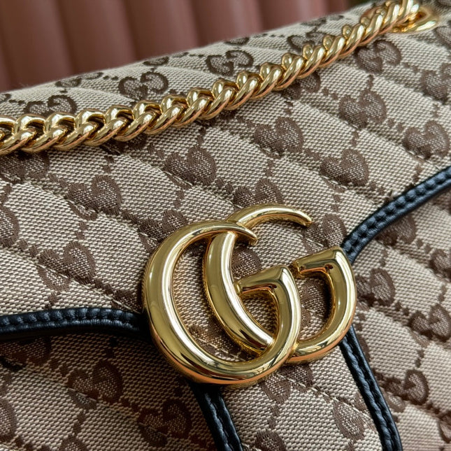 MARMONT MEDIUM SHOULDER BAG 26 IN BEIGE AND BROWN GG CANVAS BLACK CALFSKIN GOLD HARDWARE