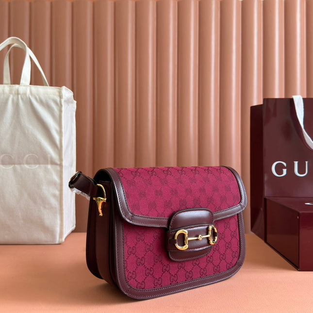 HORSEBIT 1955 SHOULDER BAG 25 IN WINE RED CANVAS AND CALFSKIN GOLD HARDWARE