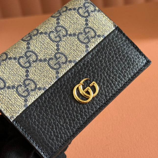 MARMONT BI-COLOUR CARD CASE WALLET 11 IN BLUE BEIGE EBONY GG CANVAS BLACK CALFSKIN