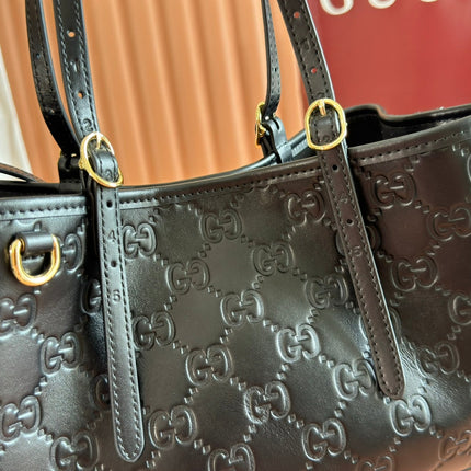 GUCCI 26S TOTE BAG 30 IN BLACK CALFSKIN WITH MONOGRAM PATTERN