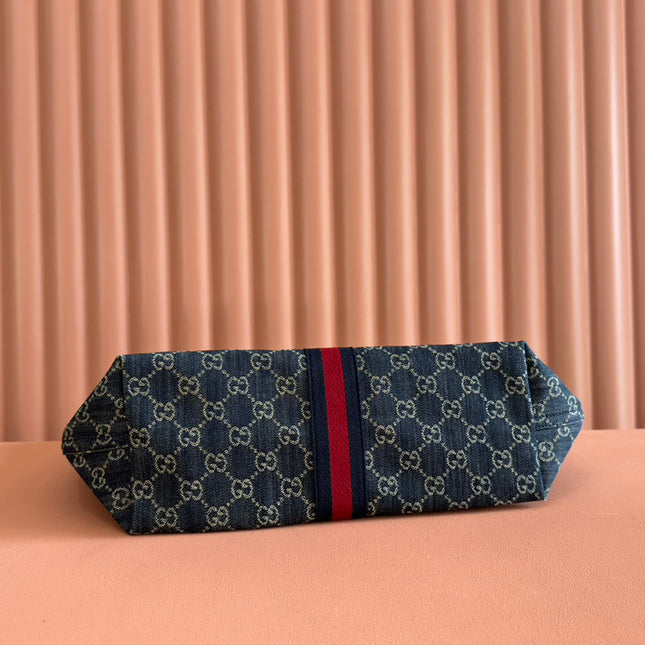 GUCCI 25S GIGLIO LARGE TOTE BAG 50 IN BLUE AND WHITE DENIM