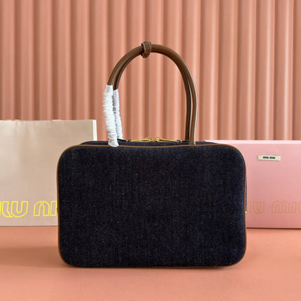 MIUMIU 25S BEAU DENIM BAG 34 IN DARK BLUE DENIM AND BROWN CALFSKIN