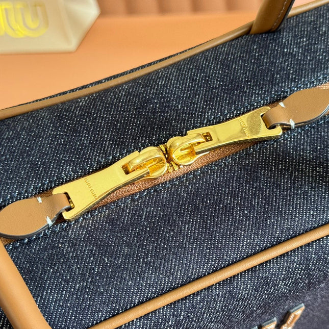 MIUMIU 25S BEAU DENIM BAG 34 IN DARK BLUE DENIM AND BROWN CALFSKIN